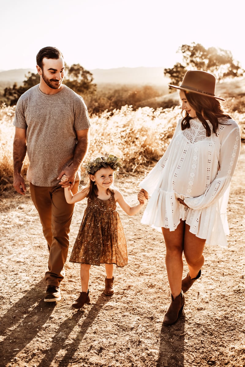 Bay Area Maternity Photography, family of three walking down a dirt path