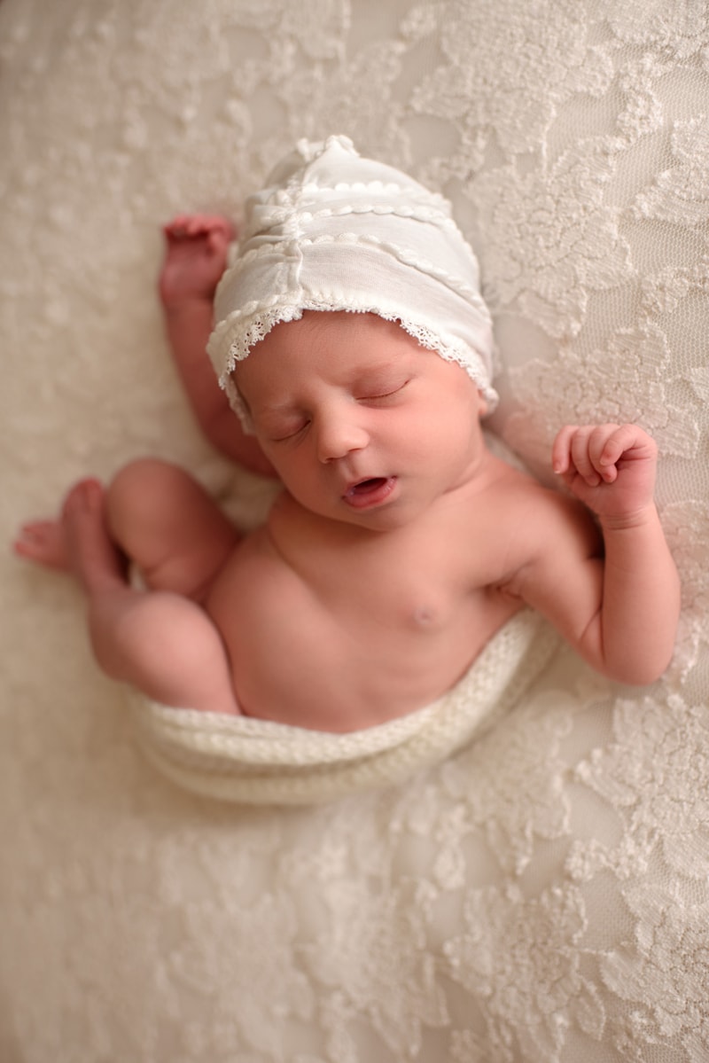 Bay Area Newborn Photography, baby asleep on white blanket