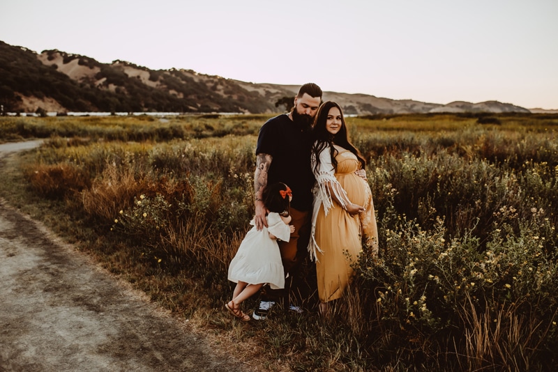 Bay Area Maternity Photography, family of three standing together in field